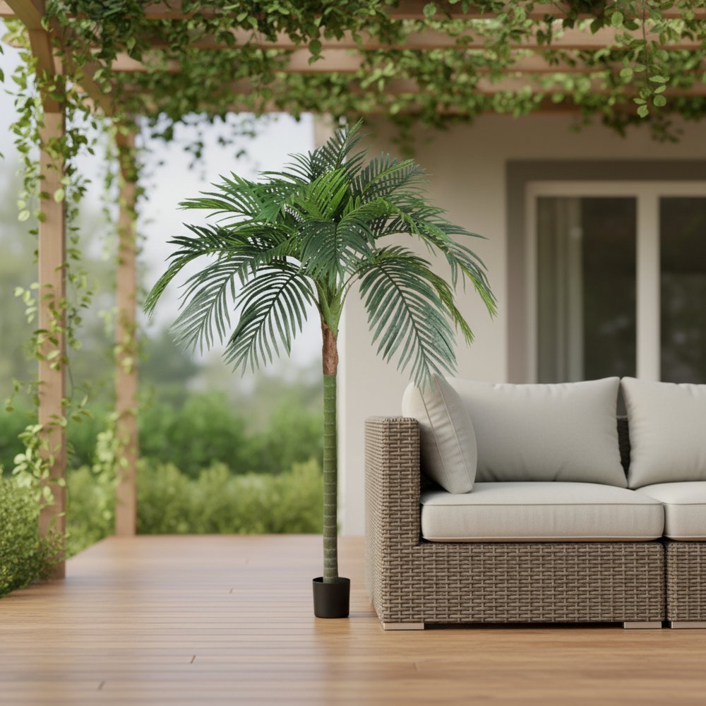 7" Green Artificial Palm In Cylindrical Black Cement Pot