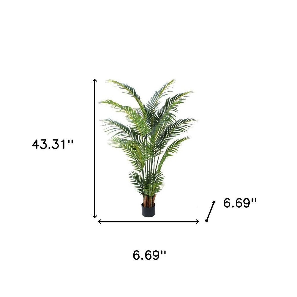 7" Green Artificial Palm In Cylindrical Black Cement Pot