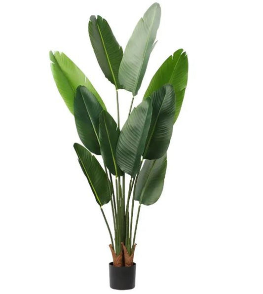 7" Green Artificial Banana Leaf In Cylindrical Black Cement Pot