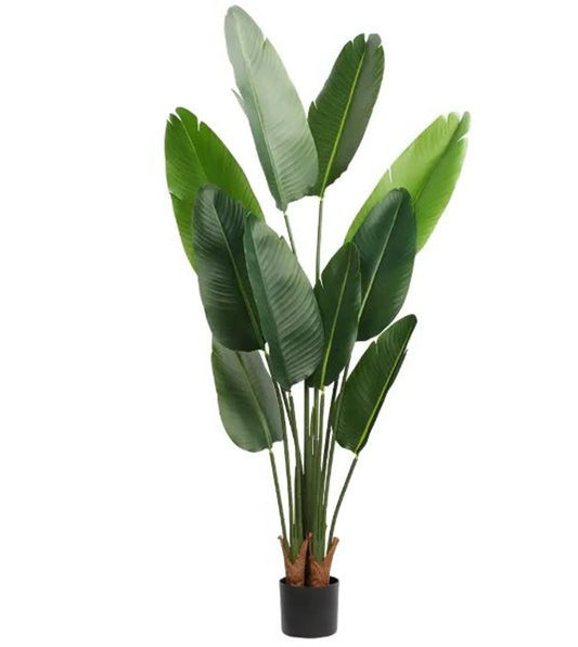 7" Green Artificial Banana Leaf In Cylindrical Black Cement Pot