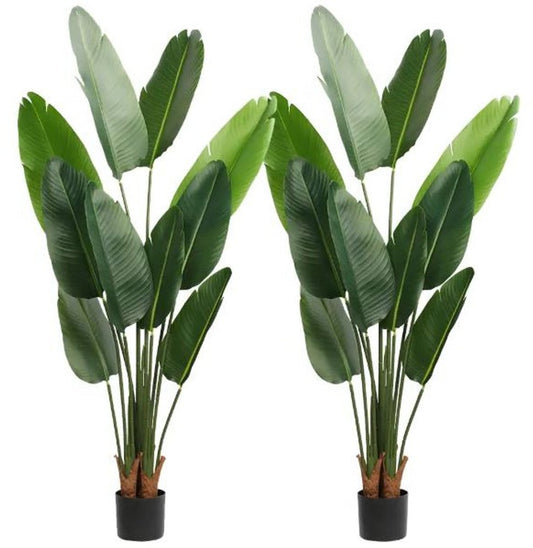 Set of Two 7" Green Artificial Banana Leaf In Cylindrical Black Cement Pot