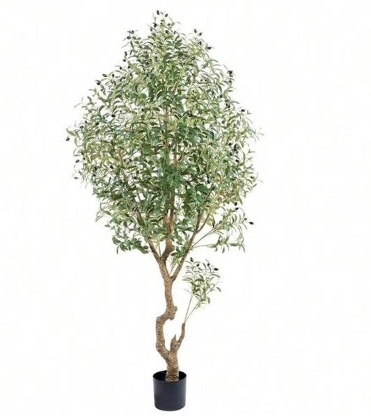 87" Green Artificial Olive Tree In Cylindrical Black Cement Pot