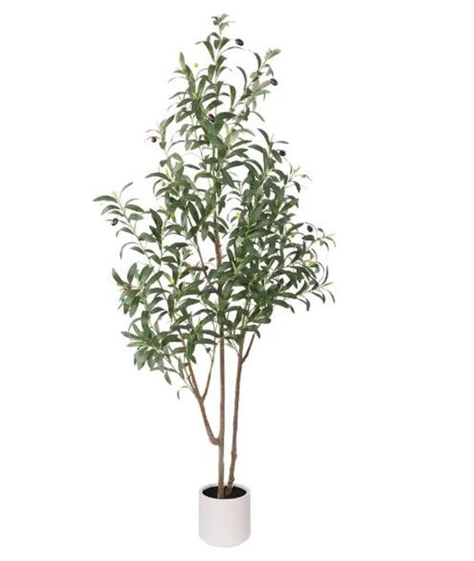 63" Green Artificial Olive Tree In Cylindrical White Cement Pot