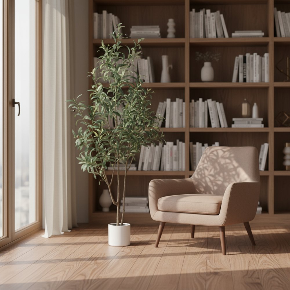 7" Green Artificial Olive In Cylindrical White Cement Pot