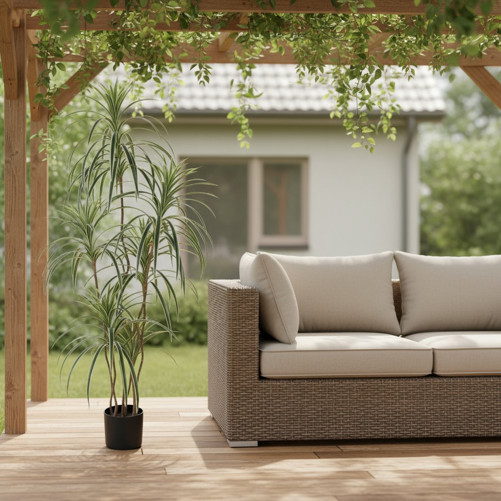 7" Green Artificial Dracaena In Cylindrical Black Cement Pot