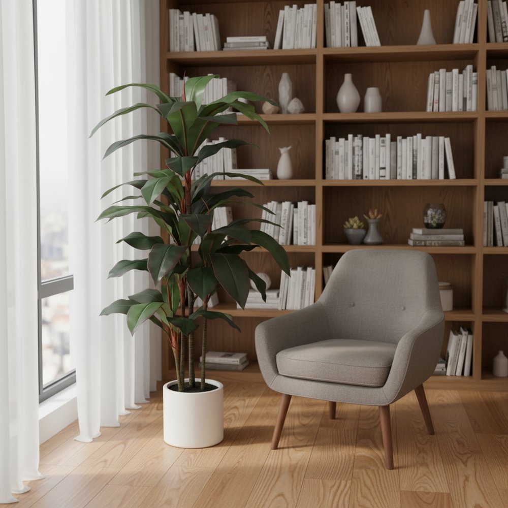 7" Green Artificial Dracaena In Cylindrical White Cement Pot