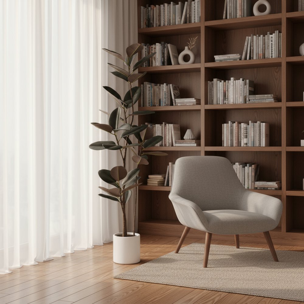 71" Black Artificial Rubber Tree In Cylindrical White Cement Pot