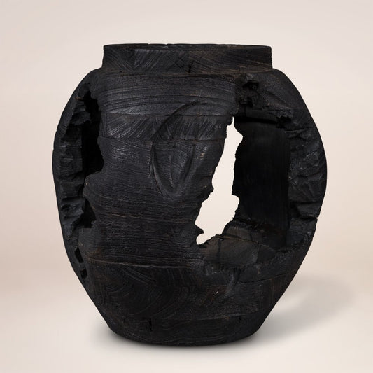 14" Black Solid Wood Table Vase With Sculptural Details