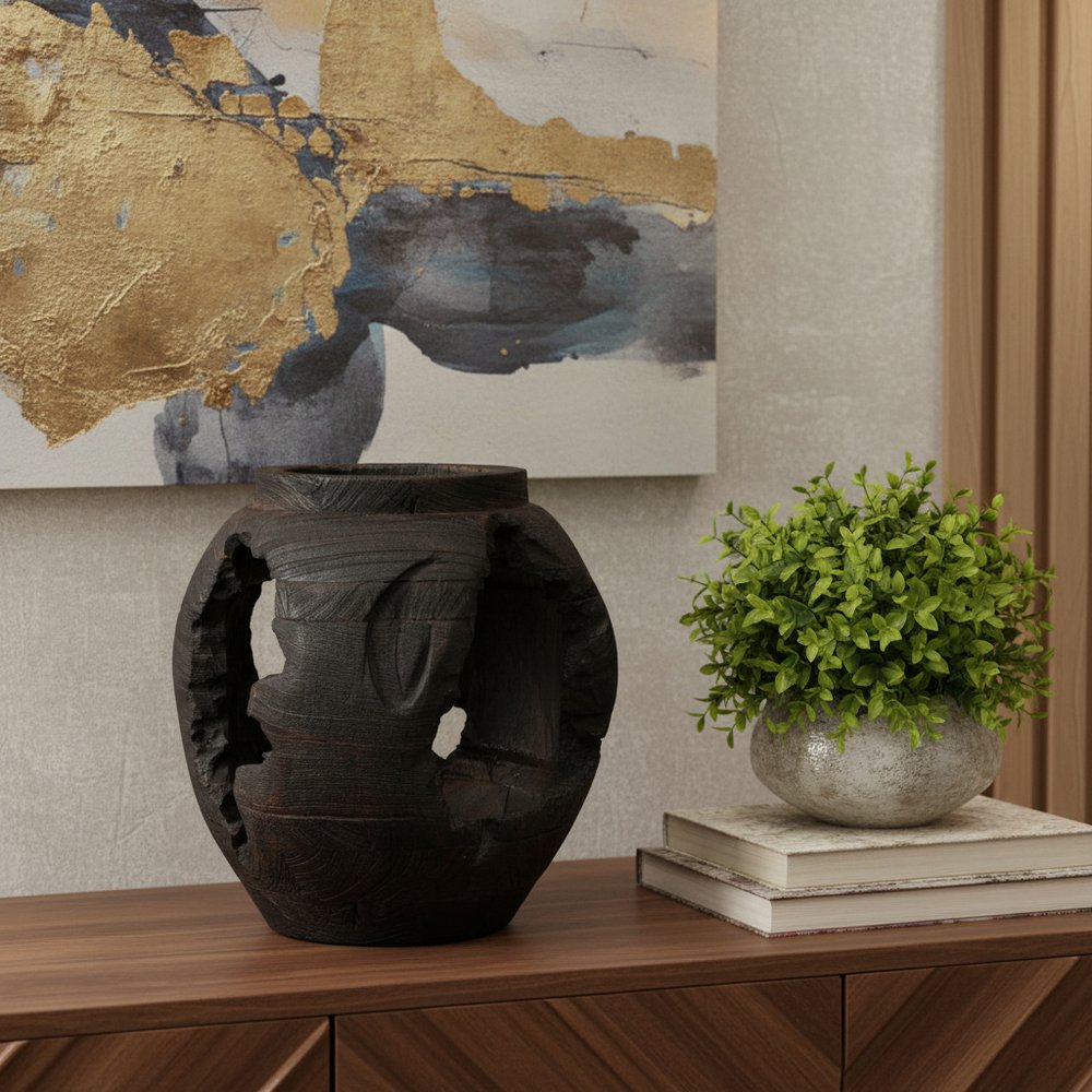 14" Black Solid Wood Table Vase With Sculptural Details