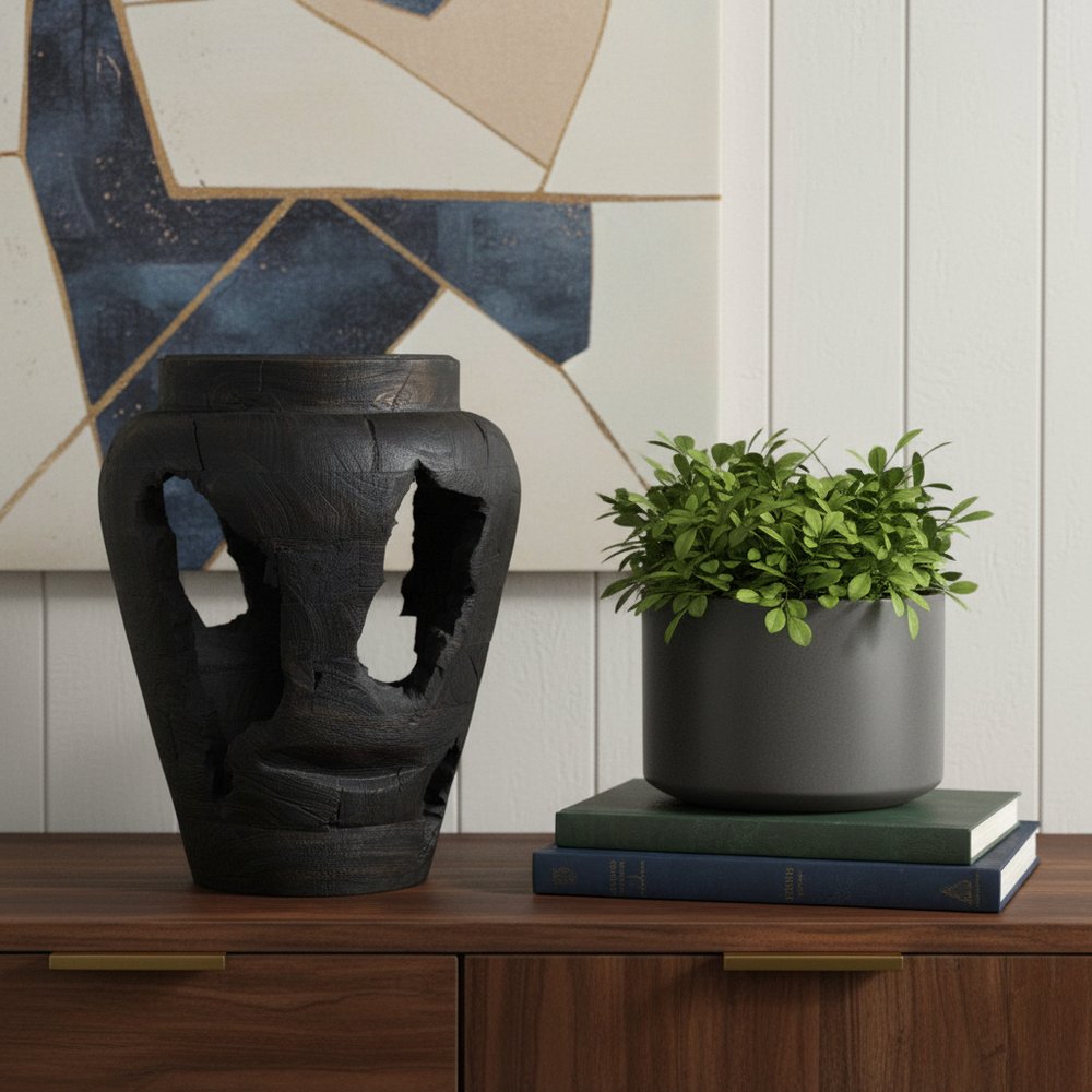 18" Black Solid Wood Modern Abstract Table Vase With Sculptural Details