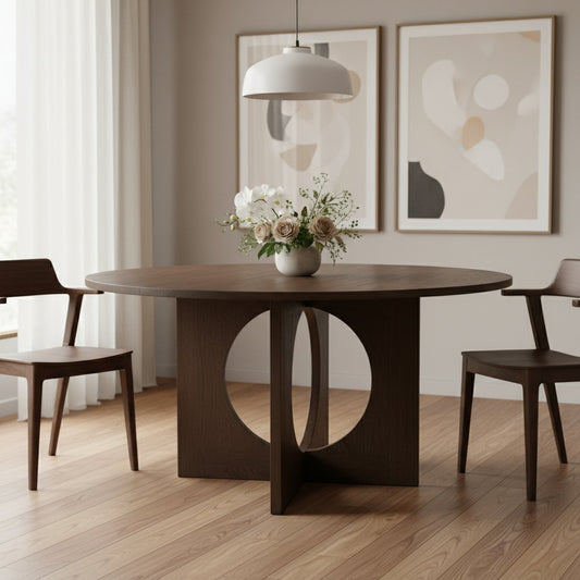 60" Brown Wood Pedestal Base Round Top Dining Table