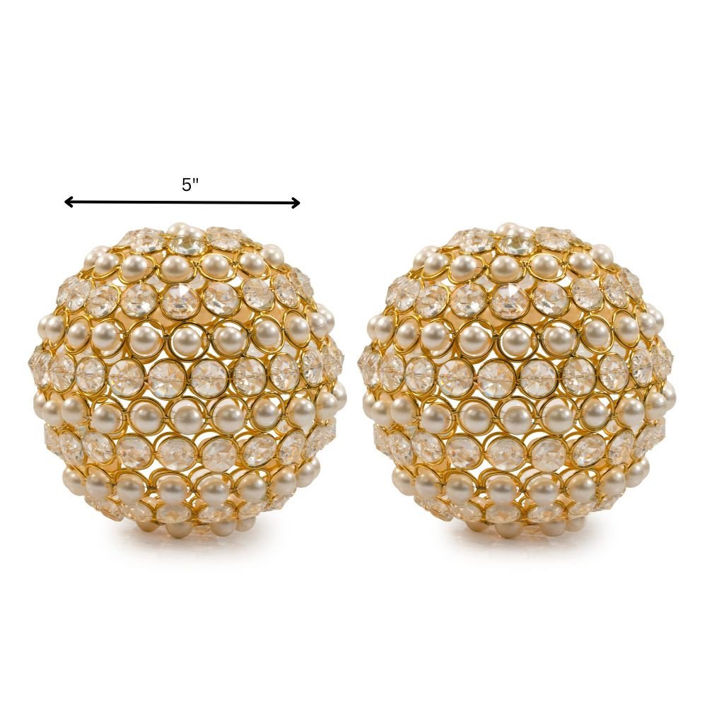 Set of Two Gold Ivory And Pearl Faux Crystal And Metal Decorative Orbs