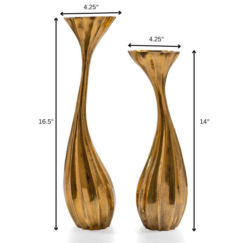 Set of Two Antiqued Gold Aluminum Wavy Faceted Tabletop Pillar Candle Holders