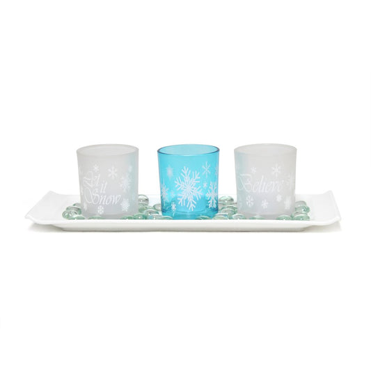 Set of Three Blue And White Snowflake Glass Christmas Tabletop Candle Holders