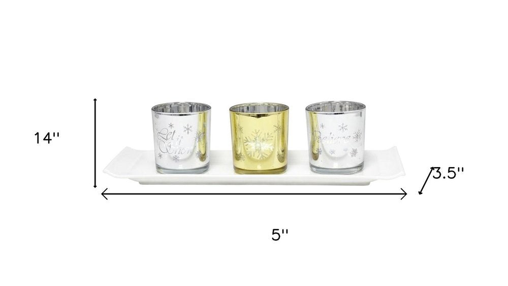 Set of Four Silver Gold And White Snowflake Glass Christmas Tabletop Candle Holders