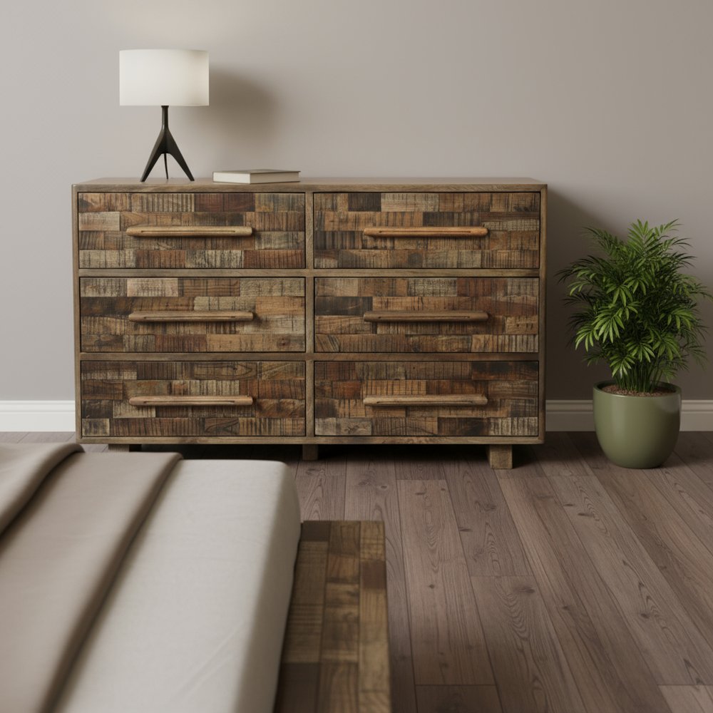 57" Brown Solid Wood Six Drawer Dresser