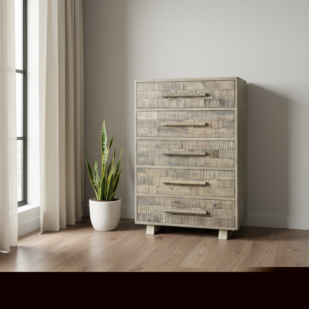 35" Gray Carved Geometric Solid Wood Five Drawer Dresser