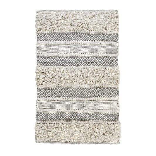 32" Ivory And Gray Cotton Striped Bath Rug