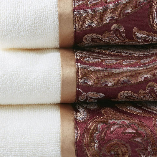 Set of Six White And Burgundy Cotton With Paisley Jacquard Towel Set