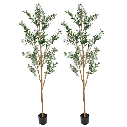 Set Of Two 84" Green Artificial Olive Trees in a Black Pot