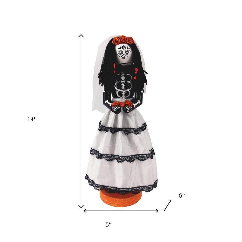 14" Black And White Fabric And Solid Wood Halloween Woman Nutcracker