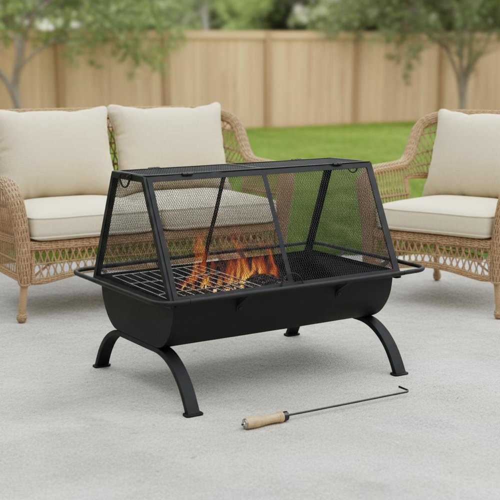 36" Black Steel Wood Burning Rectangular Fire Pit With Cover