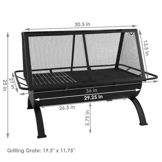 36" Black Steel Wood Burning Rectangular Fire pit With Cover