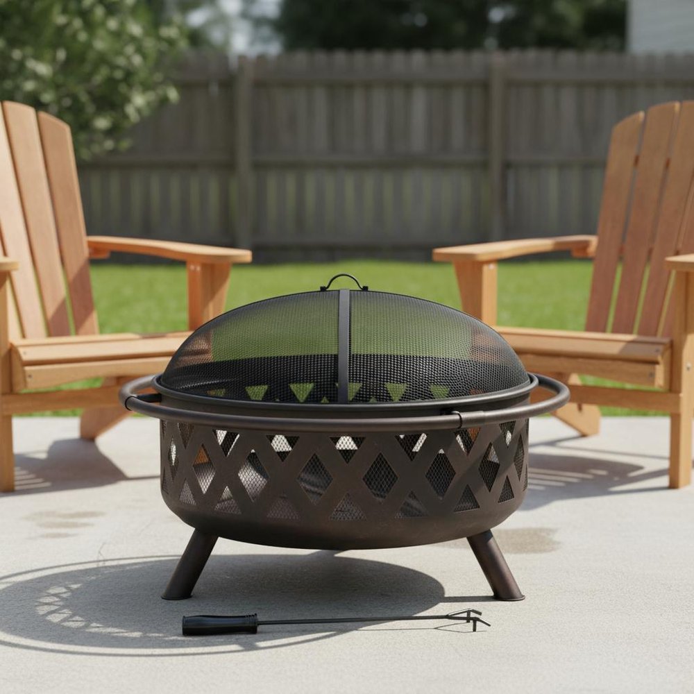 36" Black Steel Wood Burning Round Fire Pit With Cover