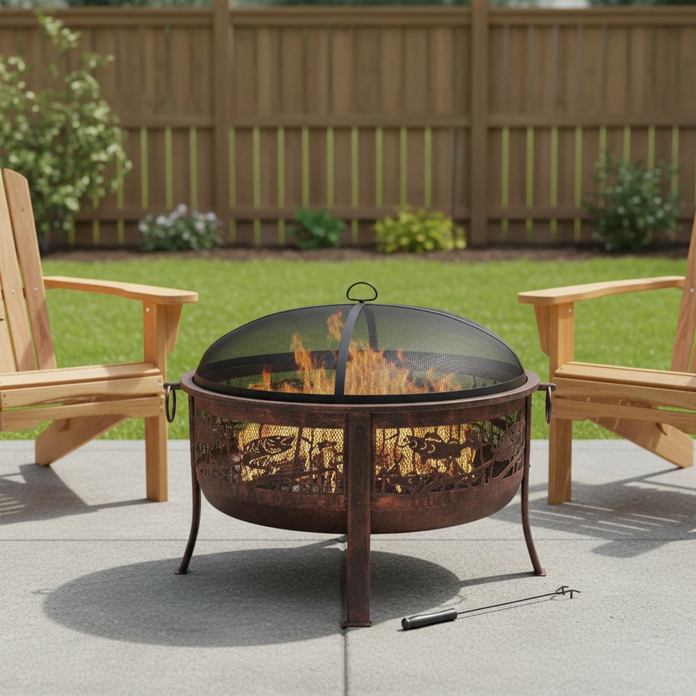 34" Bronze Steel Wood Burning Round Fire pit With Cover