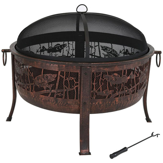 34" Bronze Steel Wood Burning Round Fire Pit With Cover