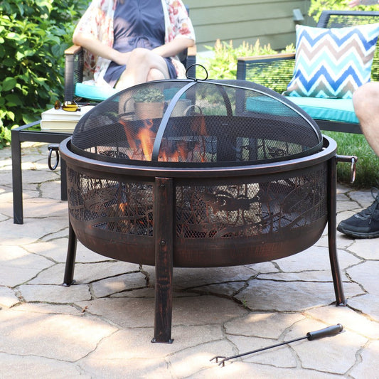 34" Bronze Steel Wood Burning Round Fire Pit With Cover