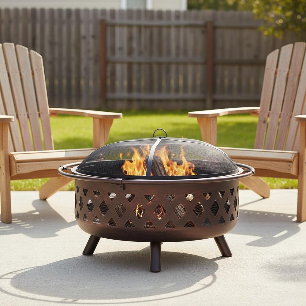 36" Bronze Steel Wood Burning Round Fire Pit With Cover