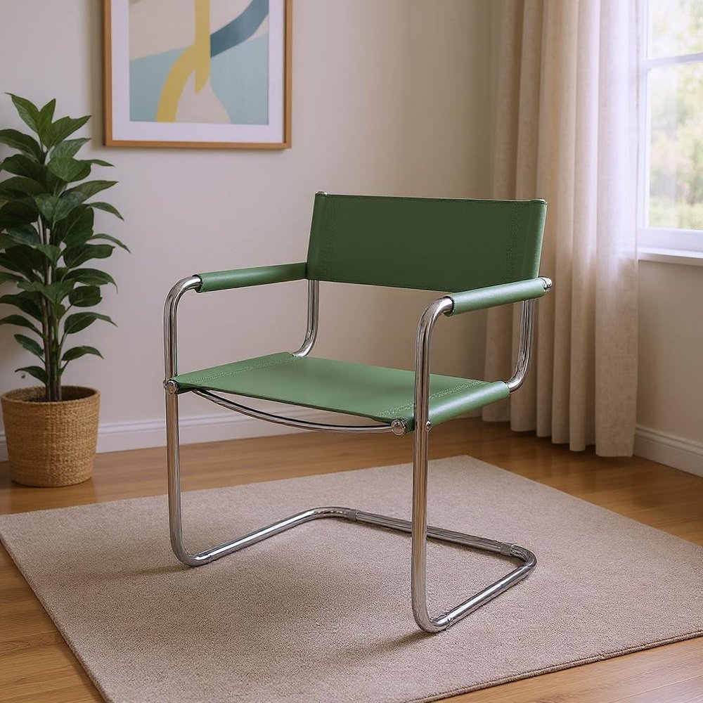 23" Silver And Green Leather and Stainless Steel Arm Chair