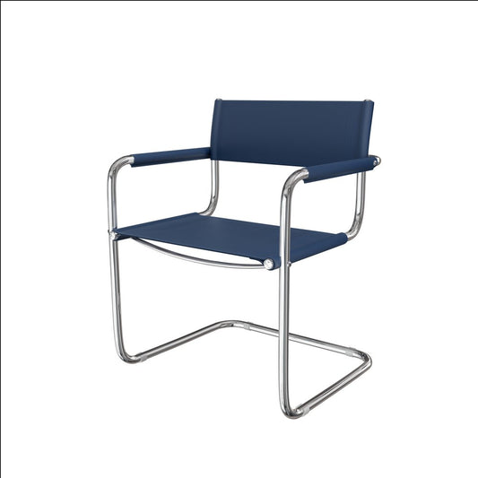 23" Navy Blue and Silver Leather and Stainless Steel Arm Chair
