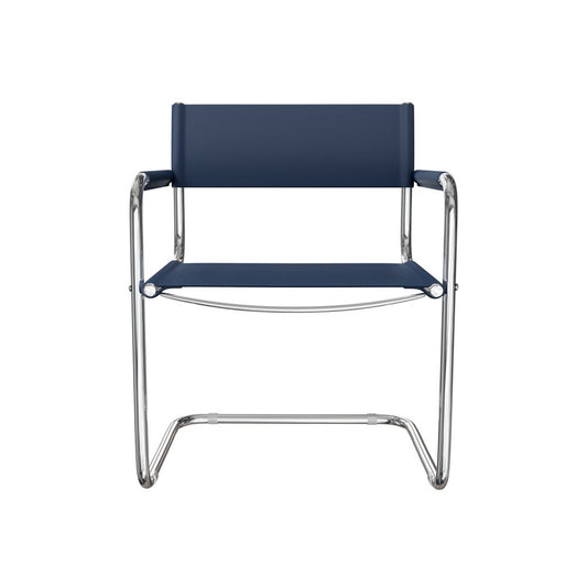 23" Navy Blue and Silver Leather and Stainless Steel Arm Chair