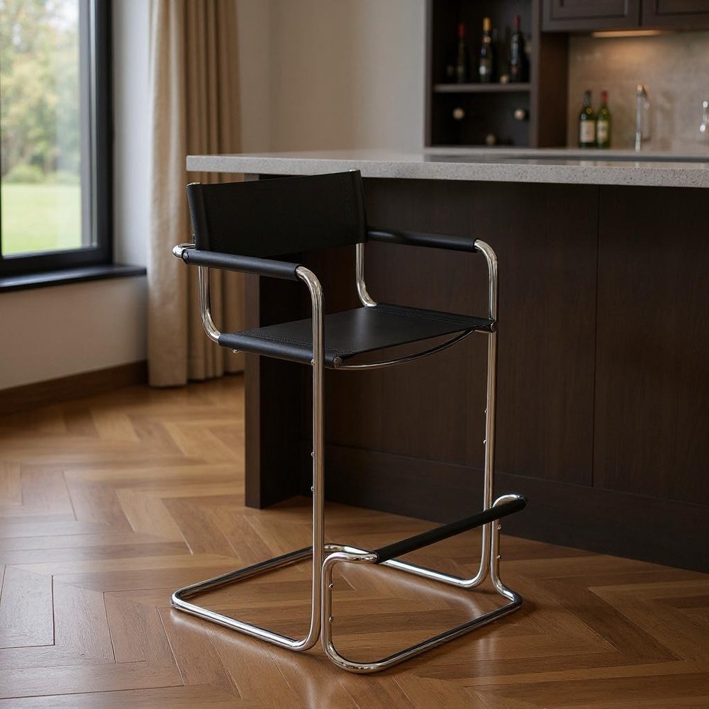 30" Black And Silver Leather And Leather Match And Steel Low Back Bar Height Bar Chair