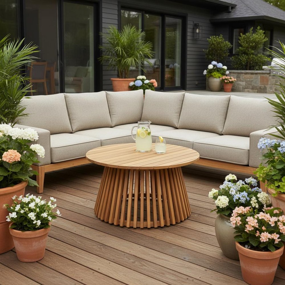 32" Natural Rounded Solid Wood Outdoor Coffee Table