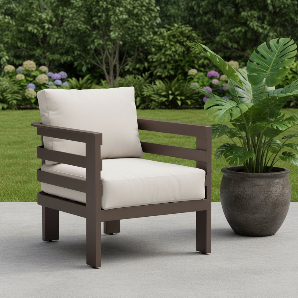 30" Brown Aluminum Outdoor Arm Chair with White Cushion