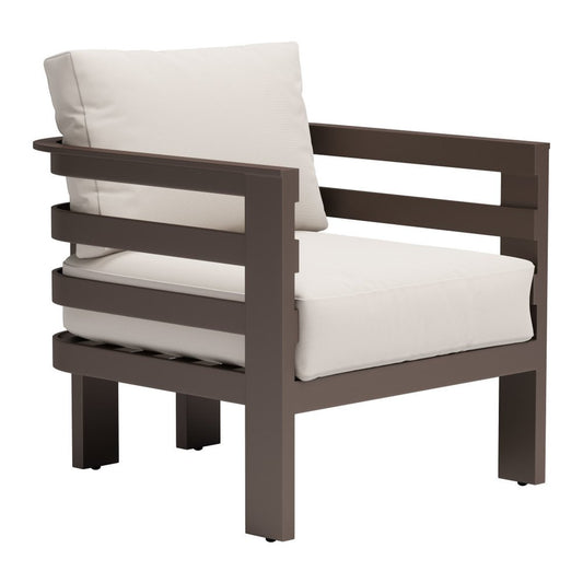 30" Brown Aluminum Outdoor Arm Chair with White Cushion