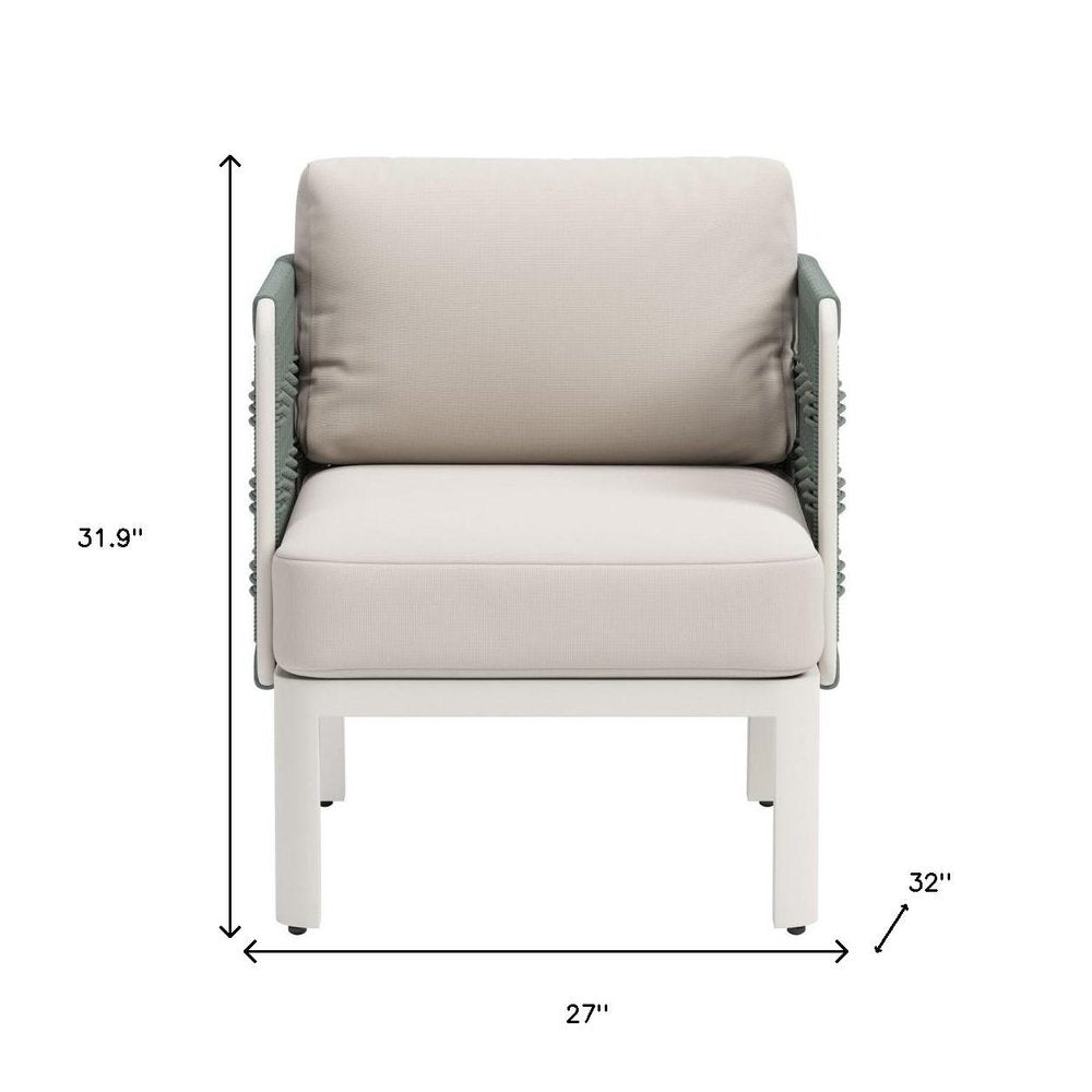 27" Green And White Aluminum Outdoor Accent Chair with White Cushion