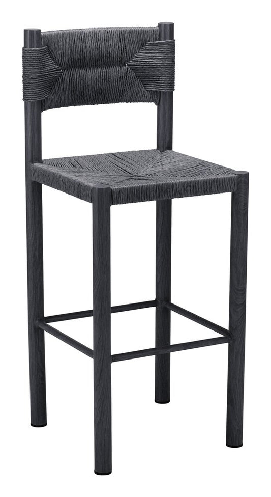 Set of Two 30" Black Rattan and Aluminum Low Back Bar Height Bar Chairs