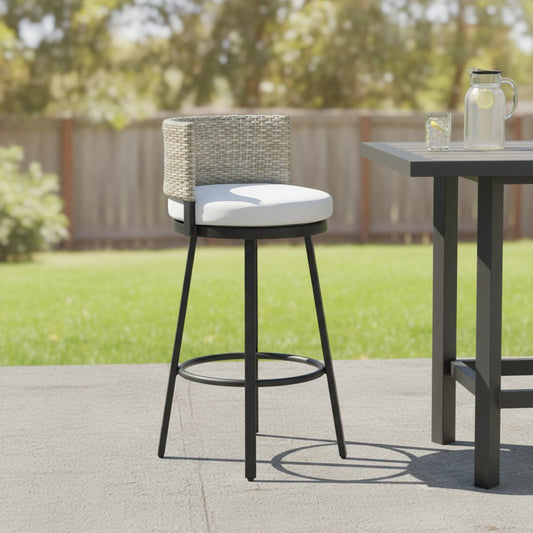 31" Black Natural and White Aluminum And Faux Rattan Swivel Bar Height Bar Chair