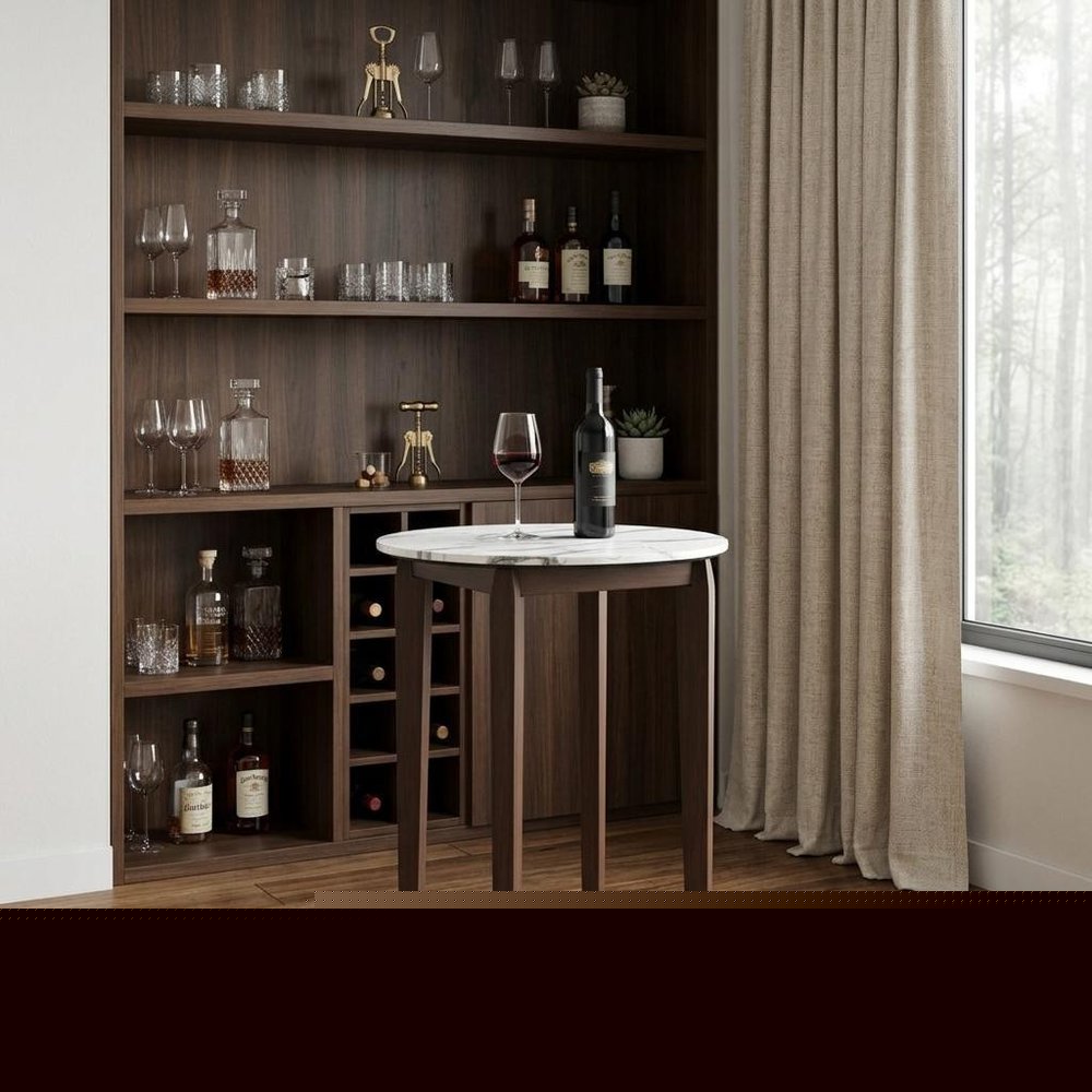 32" White and Brown Faux Marble and Solid Wood Rounded Bar Table