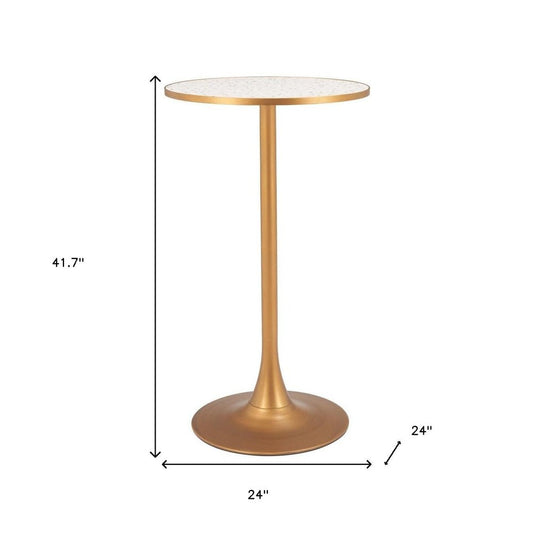 24" Beige and Gold Faux Terrazzo and Steel Rounded Bar Table