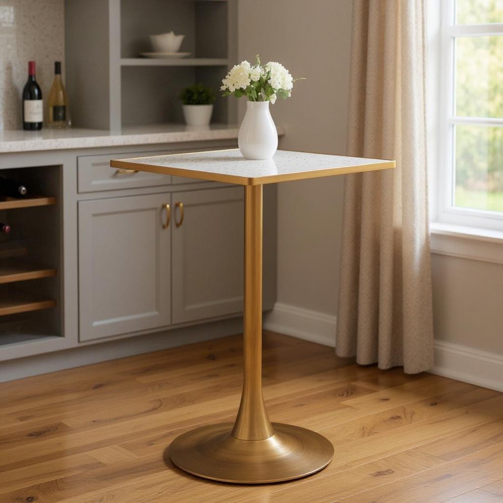 24" Beige and Gold Faux Terrazzo and Steel Square Bar Table