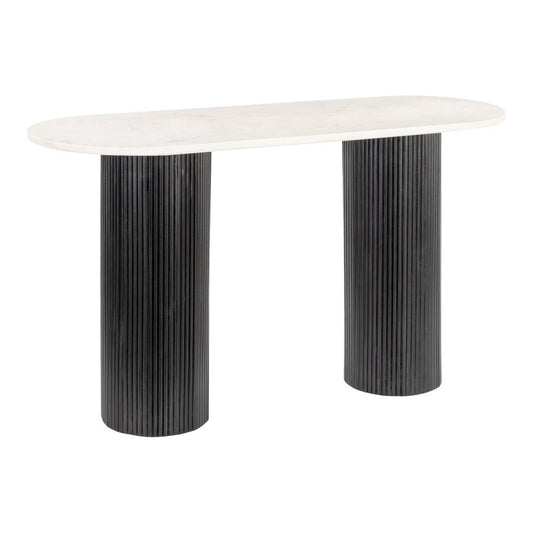 52" White and Black Genuine Marble and Solid Wood Oval Double Pedestal Console Table