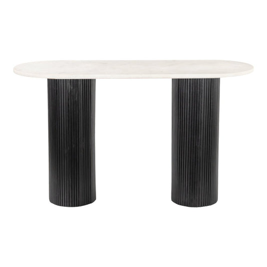 52" White and Black Genuine Marble and Solid Wood Oval Double Pedestal Console Table