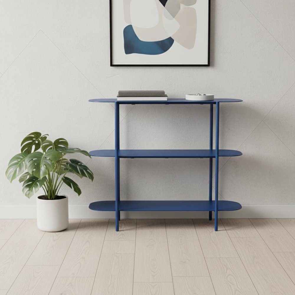 36" Blue Steel Oval Console Table With Two Shelves