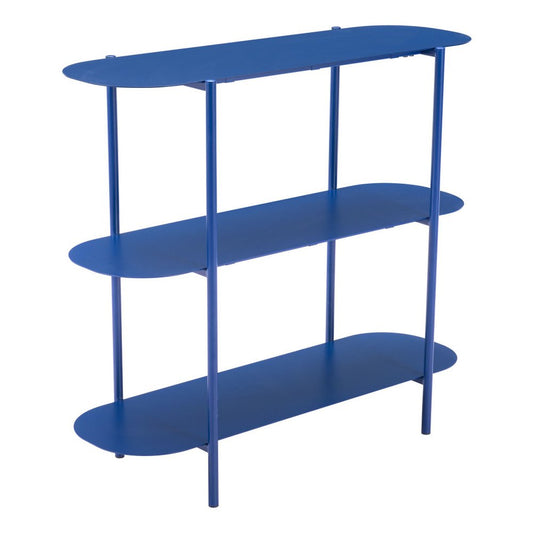 36" Blue Steel Oval Console Table With Two Shelves