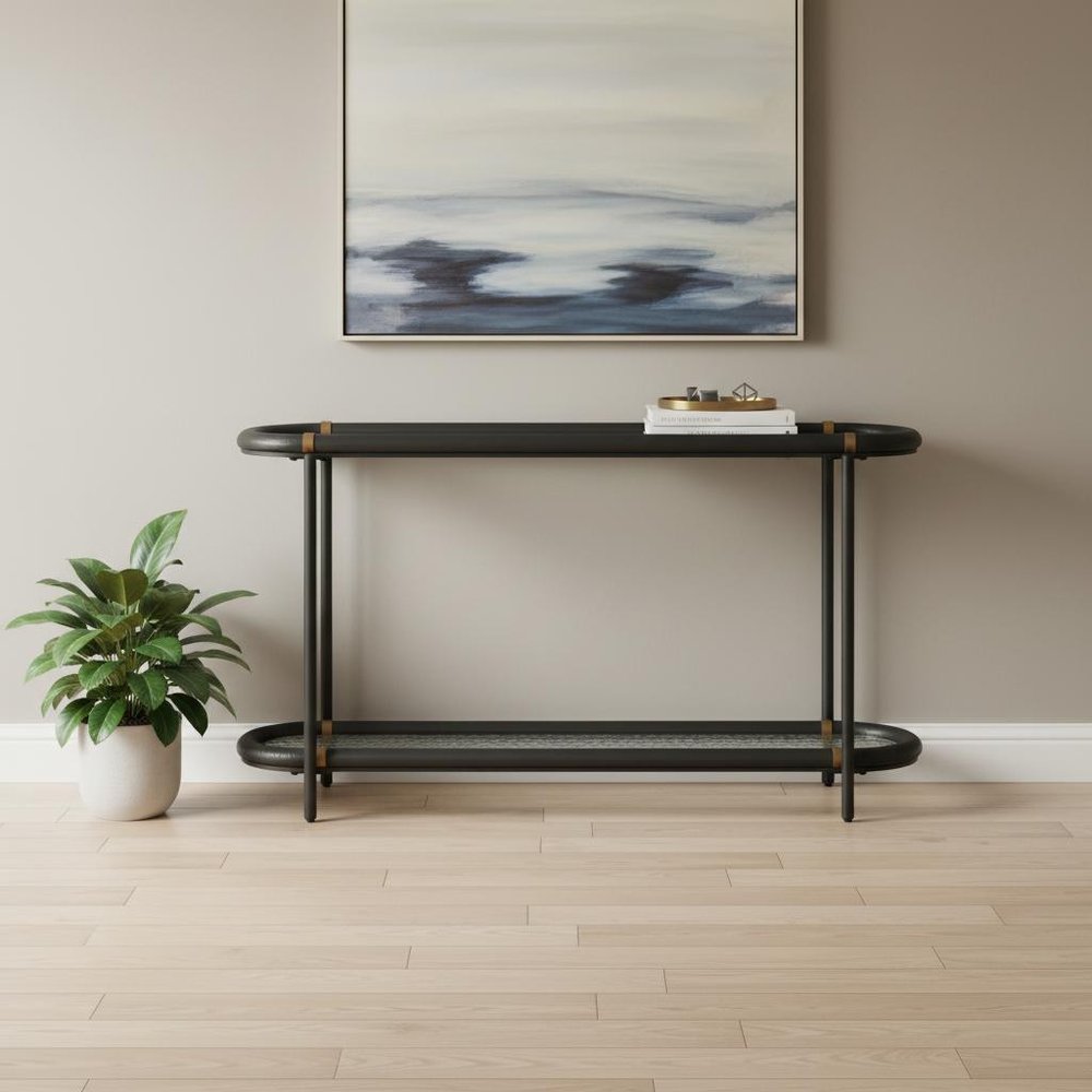 52" Black and Clear Glass Solid Wood and Steel Oval Console Table With Shelf